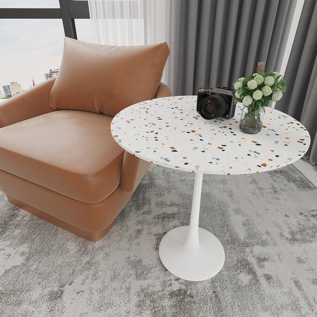 Tulip Beyaz Yan Sehpa Terrazo Mermer