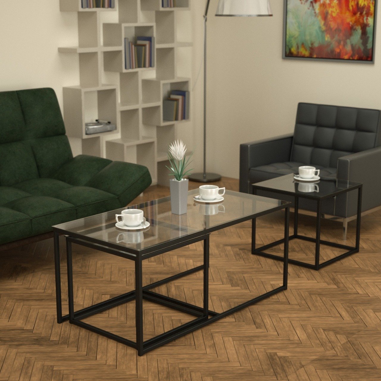 Twins İç İçe Geçmiş Sehpa - Siyah Ayak